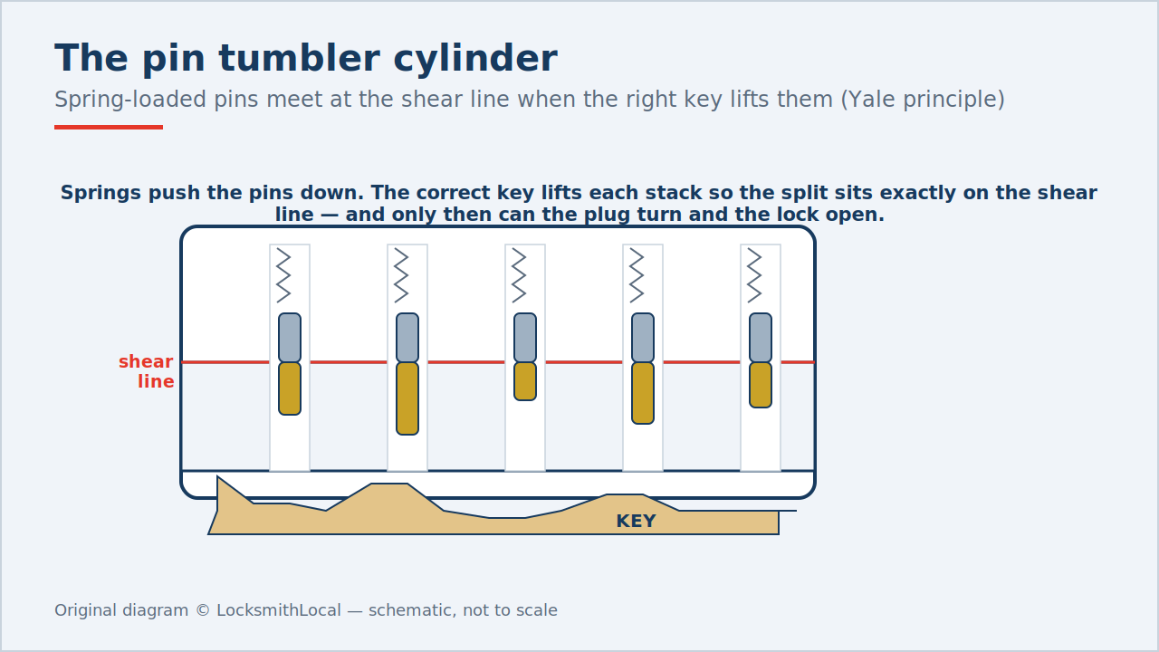 Cross-section diagram of a pin tumbler cylinder lock showing spring-loaded driver pins and key pins meeting at the shear line when the correct key is inserted