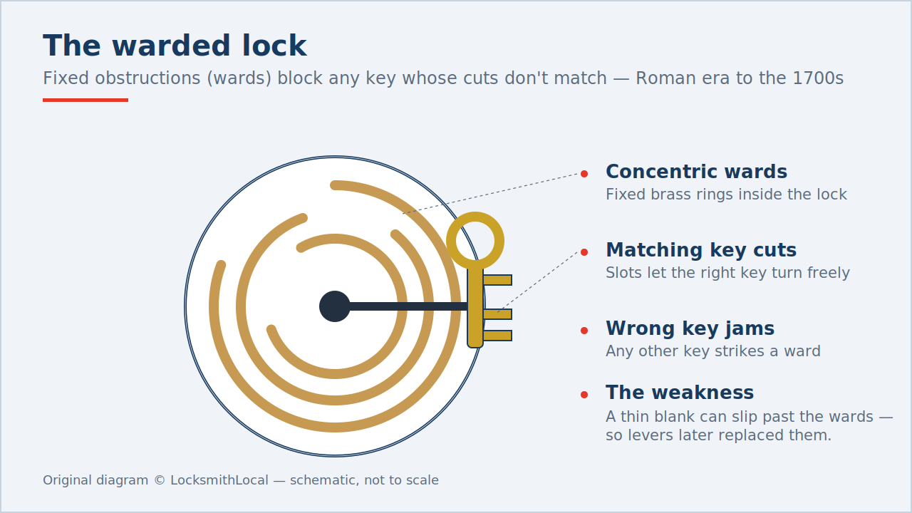 Cross-section diagram of a warded lock showing concentric brass wards inside the lock and a key with matching cuts that let it turn