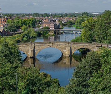 The historic stone road bridge crossing the River Aire in Castleford