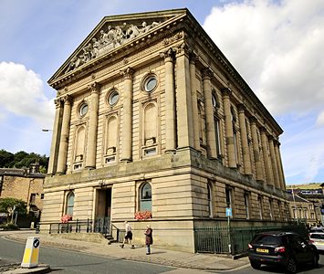 Todmorden Town Hall, the grand classical landmark at the heart of the market town in the upper Calder Valley