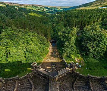 Scar House Reservoir and its great stone dam high in upper Nidderdale, north of Pateley Bridge in the hills beyond Harrogate