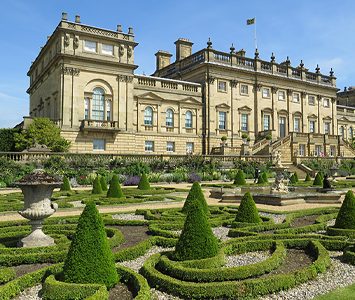 Harewood House and its formal parterre gardens, the grand 18th-century Treasure House on the Harewood estate near Harrogate