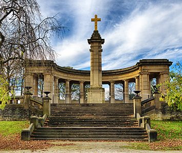 The Grade II*-listed war memorial and colonnade in Greenhead Park, Huddersfield, set on its terraced belvedere