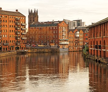Redeveloped warehouses along the River Aire, part of Leeds's regenerated waterfront
