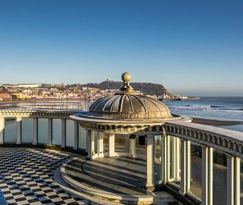 The rooftop of the Spa complex on Scarborough's South Bay, looking across the bay to the castle headland, near here