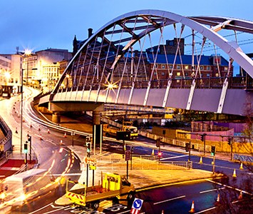 The Park Square 'Supertram' bridge, a tied-arch landmark carrying Sheffield's tram network in the city centre